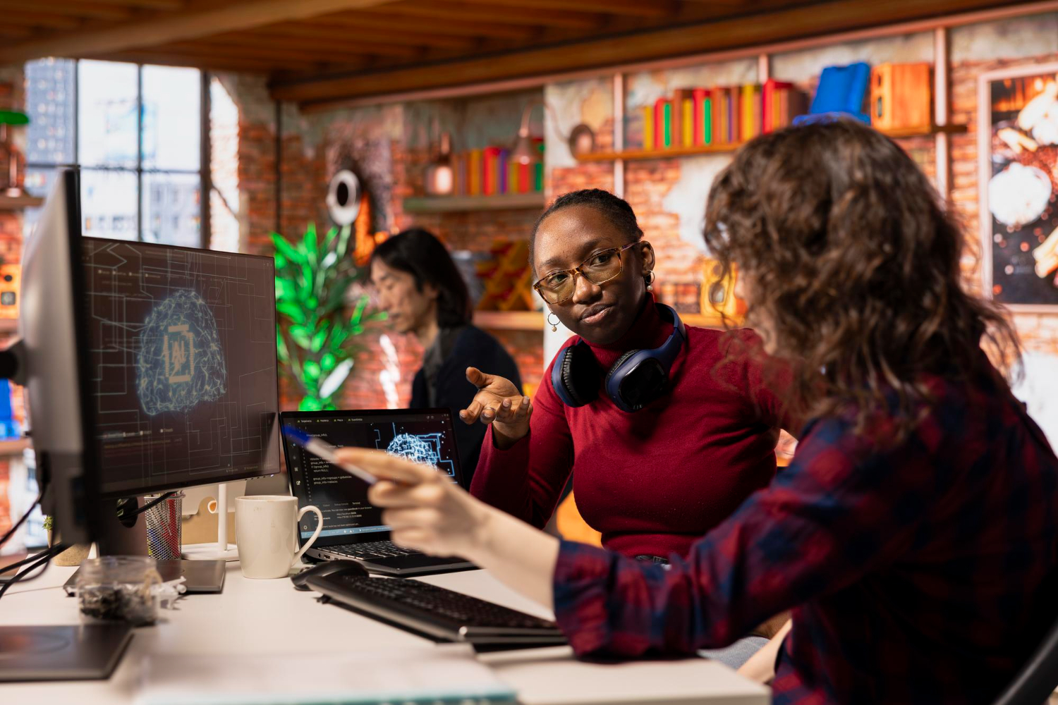 Travail dequipe employes de entreprises de technologie dintelligence artificiel